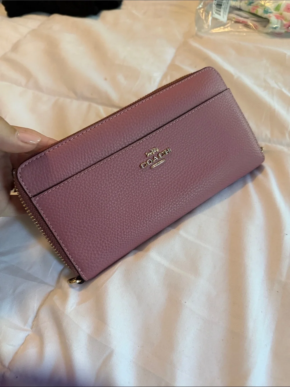 Coach Pink Pebbled Leather Zip Wallet with Gold Logo